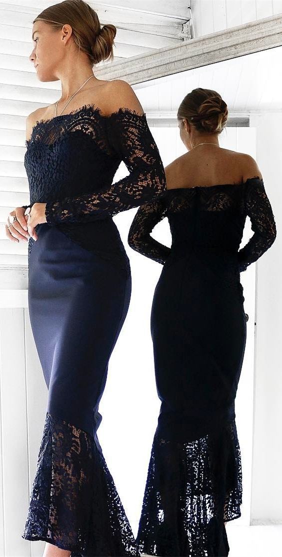 Mermaid Off-the-Shoulder Prom Dress Long Sleeves Navy Blue Cocktail Dress  cg6937