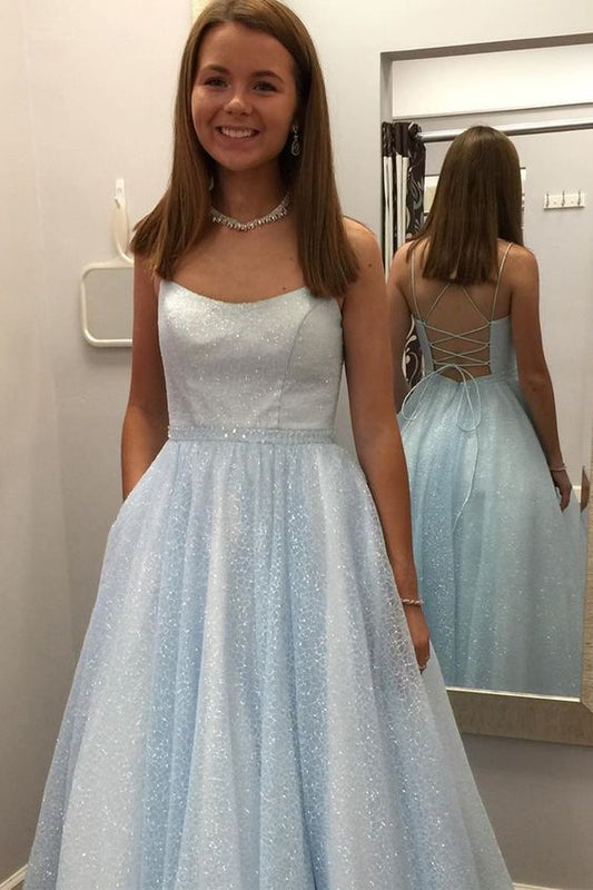 Glitter Light Sky Blue Long Prom Dress with Pockets  cg6975