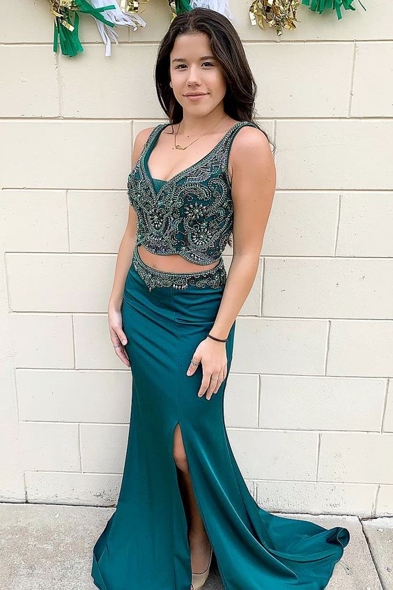 Mermaid Two Piece Beading Teal Long Prom Dress with Side Slit  cg6977