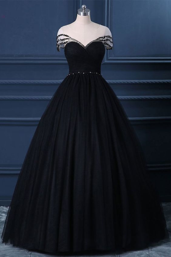 Black Tulle Cap Sleeve Black Tulle Crystal Long Formal Prom Dress, Party Dress  cg6982