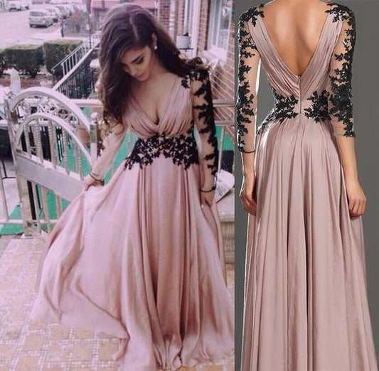 V-Neck Long Sleeve Lace Prom Dresses Evening Dresses cg700