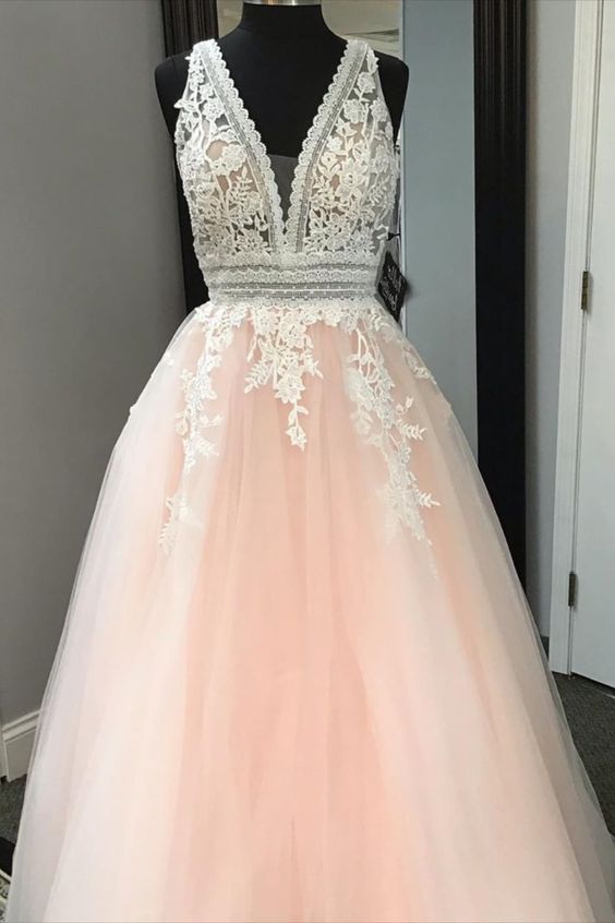 A-line Pink and White Lace Long Prom Gown  cg7015