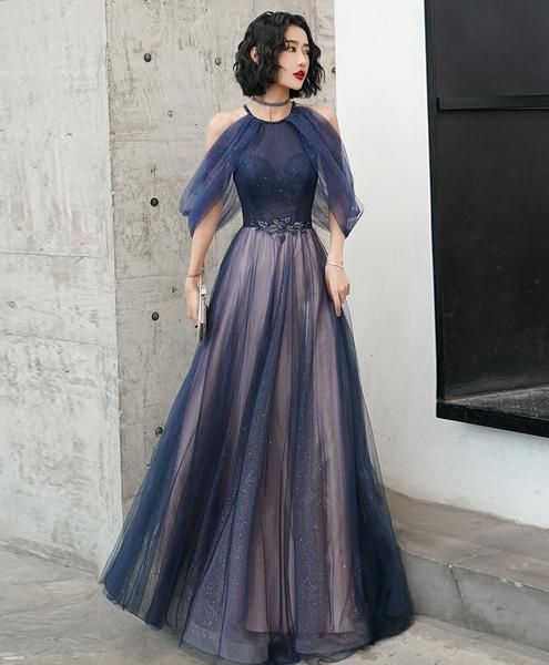 Blue tulle sequin long prom dress blue tulle evening dress  cg7025