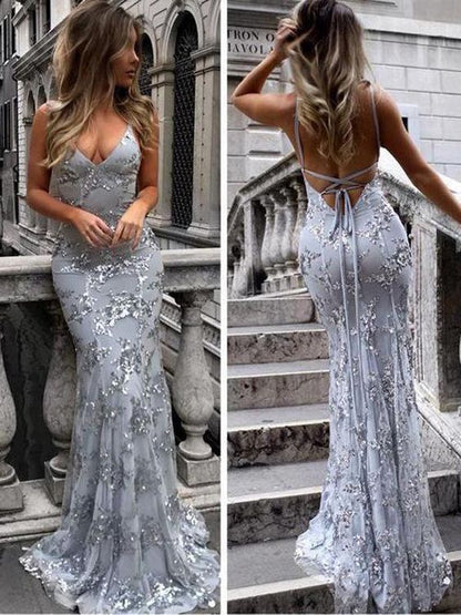 Sexy Backless Gray Sequin Lace Mermaid Long Evening Prom Dresses, Cheap Prom Dresses cg704