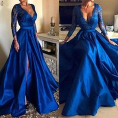 Royal Blue Prom Dresses Long Sleeves Side Split Lace Appliques Elegant Satin Evening Gowns 2020 Sexy Deep V-Neck A-Line Party Dress  cg7063