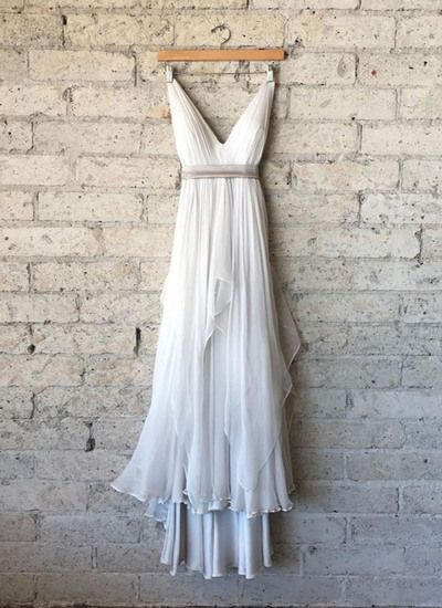 Simple white chiffon deep V neck long prom dress, white party dress  cg7101