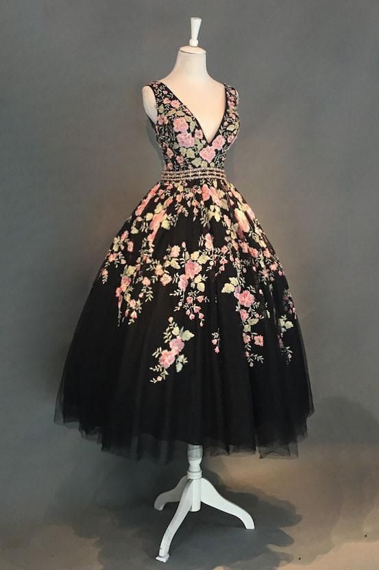 Black v neck lace applique tea long prom dress, black evening dress  cg7106