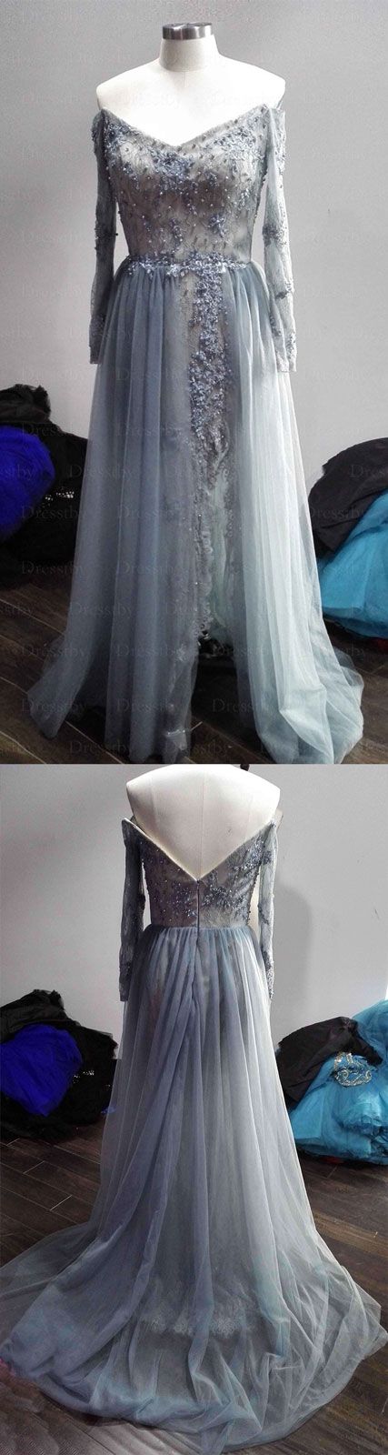 gray tulle lace long prom dress, gray tulle evening dress  cg7114