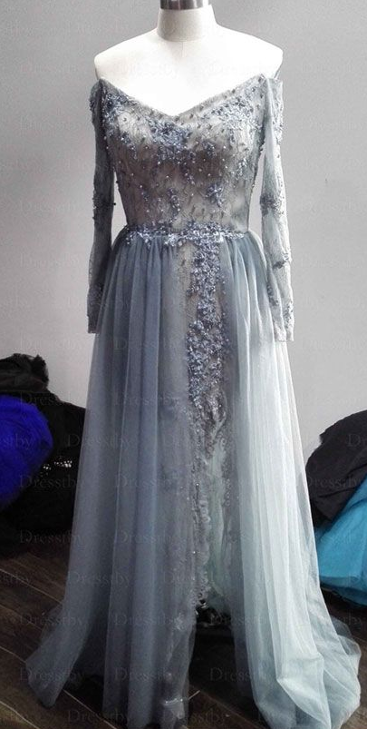 gray tulle lace long prom dress, gray tulle evening dress  cg7114