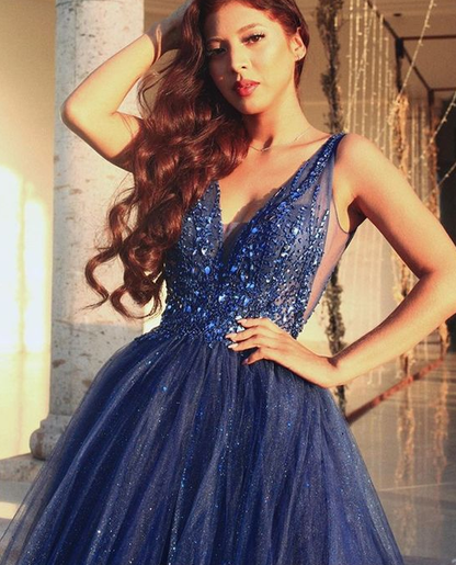 Gorgeous A-Line V Neck Open Back Navy Blue Beaded Long Prom Dresses,Sparkly Evening Party Dresses,Ball Gown Formal Dresses  cg7127