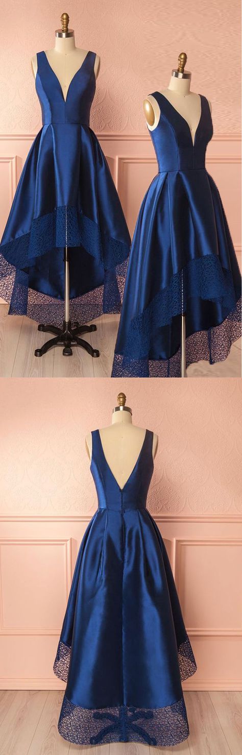 Dark blue v neck high low prom dress, dark blue bridesmaid dress  cg7129