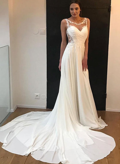 White chiffon lace long prom dress, white evening dress cg713