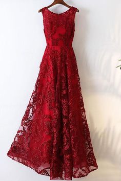 Burgundy round neck lace long prom dress, burgundy evening dress  cg7136