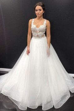 White Lace A Line Full Length Tulle Wedding Dress, Formal Prom Dress  cg7151