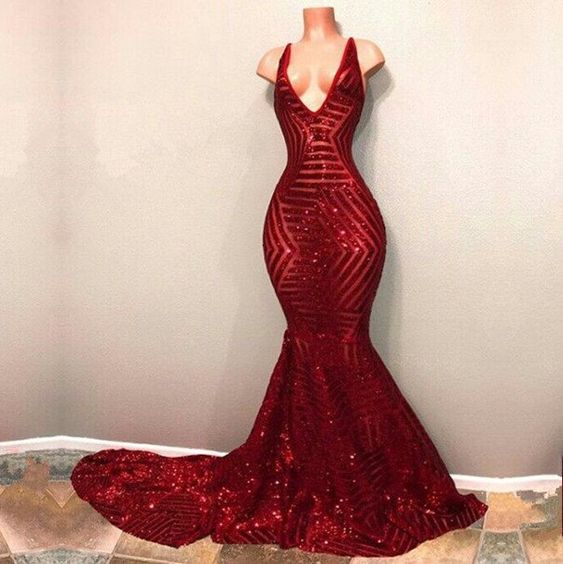 Red Sequins Prom Dresses，Shiny Mermaid Formal Dress, Long V neck Party Dress   cg7184