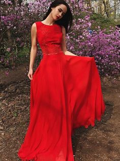Prom Dresses Classy, Two Piece Round Neck Red Chiffon Prom Dress with Appliques  cg7186
