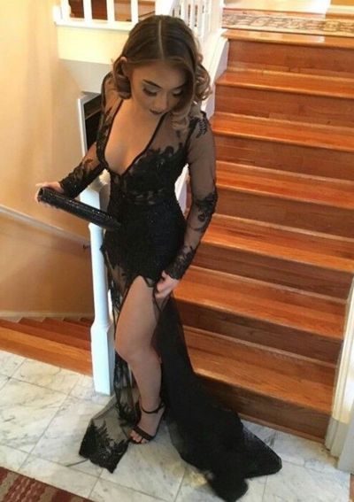 Prom Dresses Elegant, 2020 Sexy Black Column/Sheath Long Sleeves Side Slit Prom Dresses York Dresses  cg7195