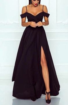 Black Off the Shoulder A-Line Satin Long Prom Dresses with Side Split,Formal Party Dresses  cg7206
