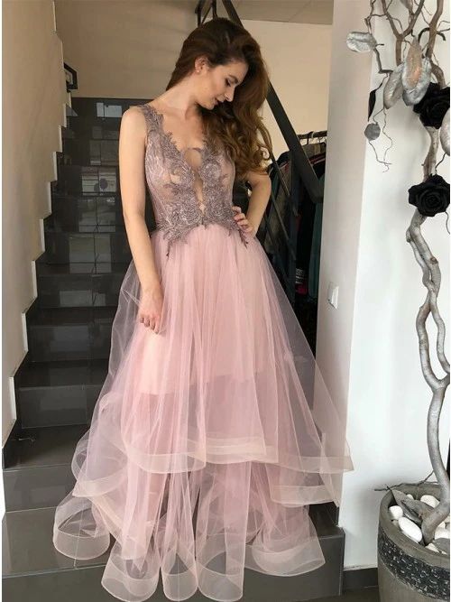 Elegant V-neck Sleeveless Pink Prom Dress with Appliques  cg7210