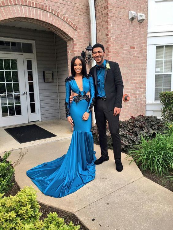 Blue Mermaid Satin Prom Dresses Sexy Deep V Neck Long Sleeve Black Appliques African Girl Black Girl Evening Formal Gowns  cg7218