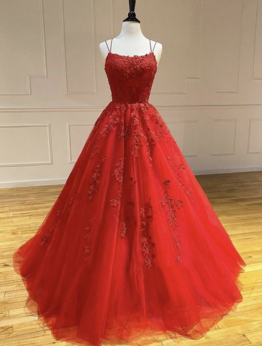 Red tulle lace long prom dress  cg7226