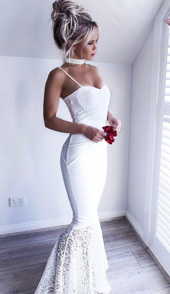 Mermaid Spaghetti Straps White Elastic Satin Prom Dress with Lace  cg7245