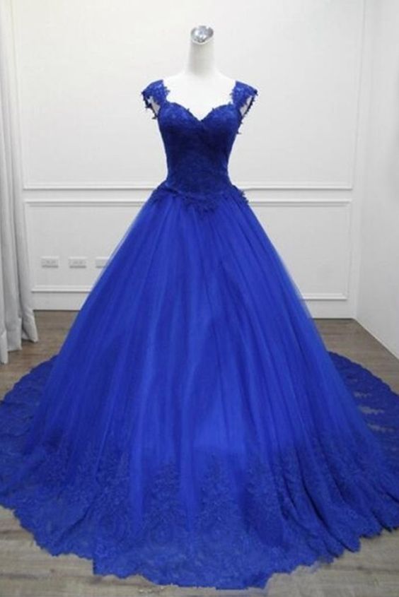 Royal Blue Tulle Long Open Back Lace Evening Dress, Formal Prom Dress  cg7249