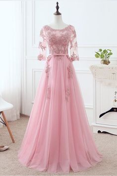 Prom Dress Ball Gown, LONG, WITH SLEEVES, PINK QPROM SEXY PROM DRESSES  cg7297