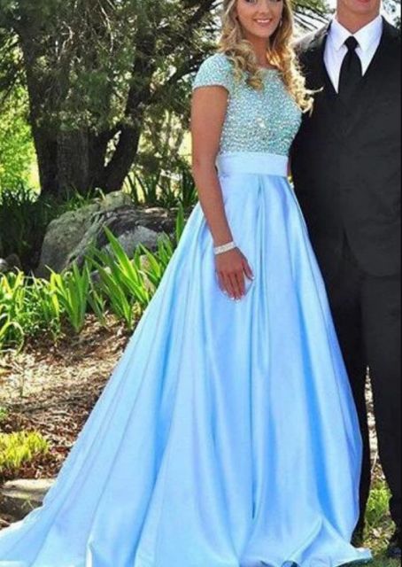 Blue Prom Dresses Round Neck Beading Satin  cg7329