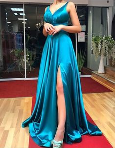 A-Line Spaghetti Straps Long Turquoise Prom Dress with Split  cg7445