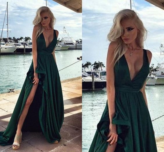 Hunter Green Elegant Long Prom Dresses Side Split V Neck Backless Evening Gowns Party Dress  cg7472