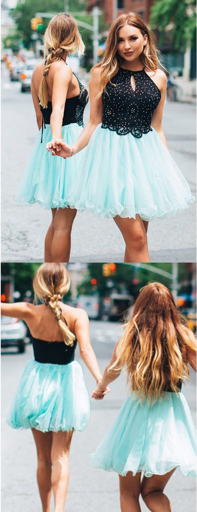 Black Lace Tiffany Blue Tulle Beading Halter Homecoming Dresses cg758