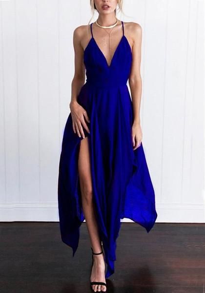 Blue Irregular Back Cross Spaghetti Strap Flowy Deep V-neck Bohemian Party Maxi prom Dress 7604