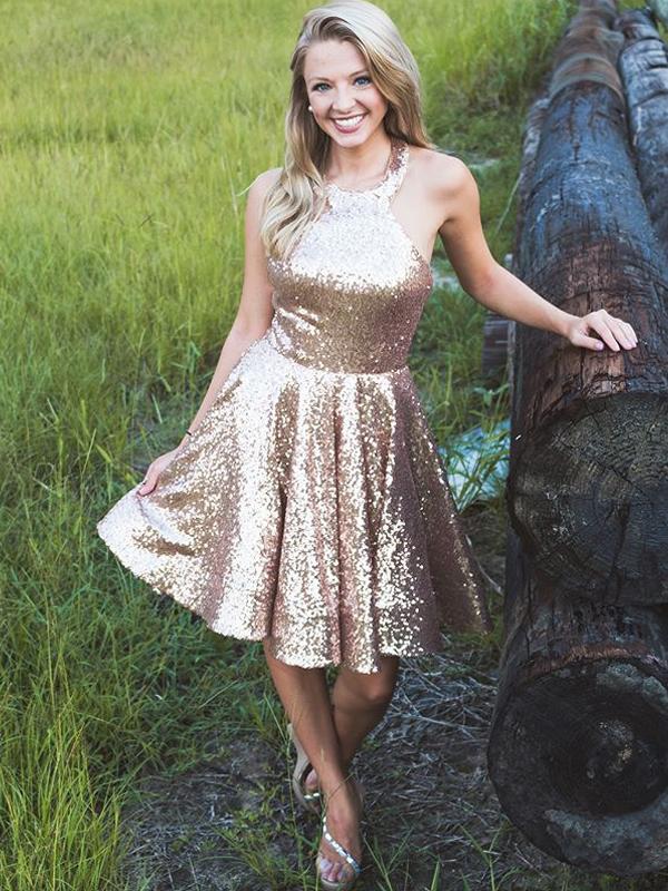 Shiny Gold Sequin Halter Simple Homecoming Dresses cg761