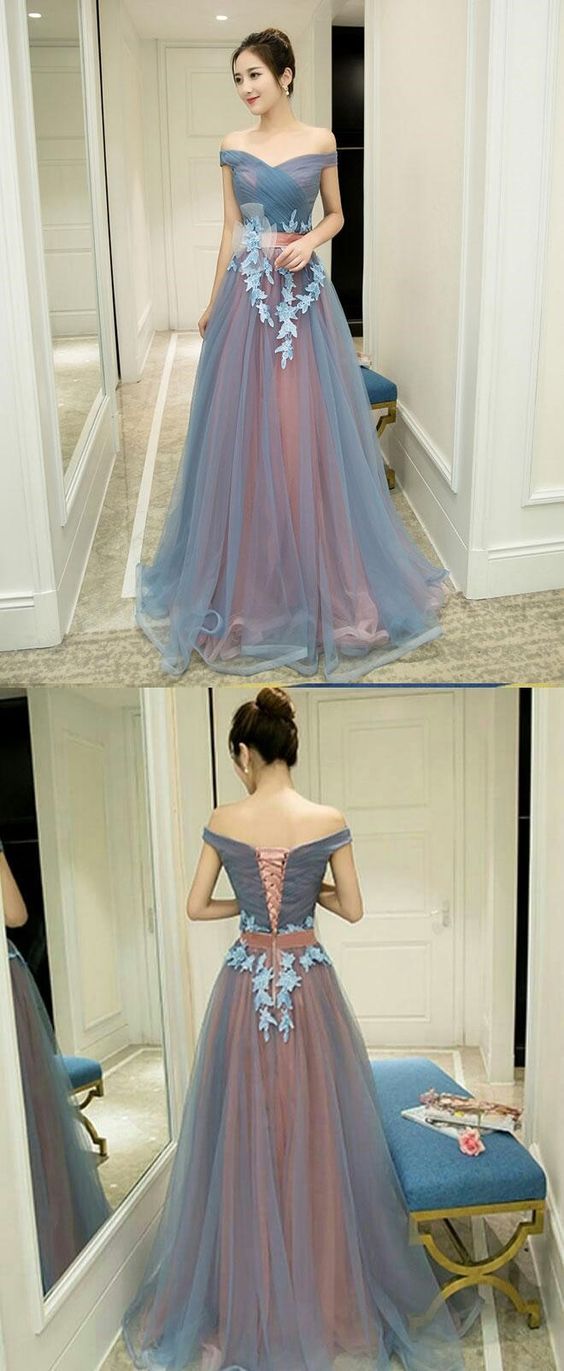 Gray blue prom dress, tulle prom dress, off shoulder prom dress, gray blue evening dress  cg7653