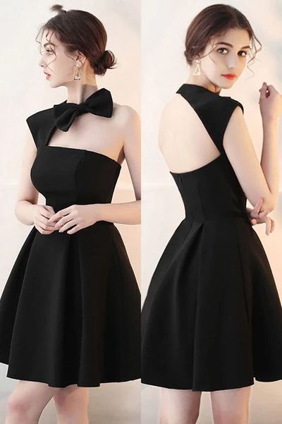 Little Black ,Homecoming Dress with Cute Bow Open Back ,party dresses  cg7738