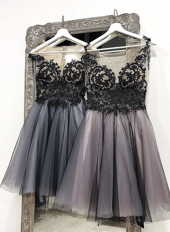 Black lace tulle short homecoming dress, hoco dress  cg7775