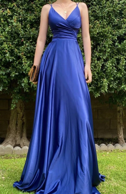 Blue satin long prom dress simple evening dress  cg7801