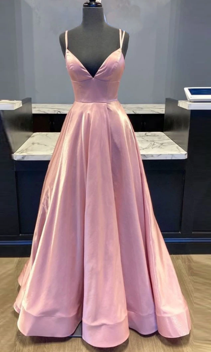 Simple v neck pink satin long prom dress pink formal dress  cg7810