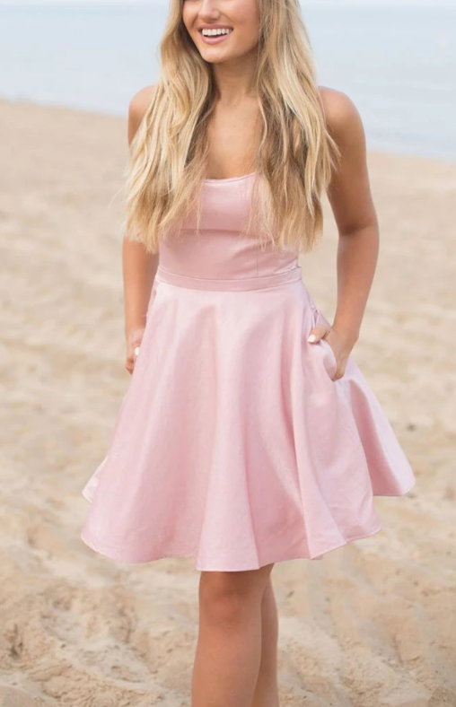 Simple pink satin short party dress pink homecoming dress  cg7820