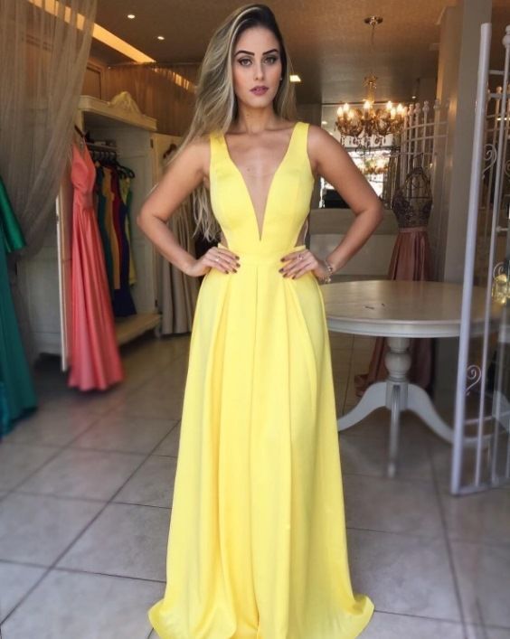 Plunging Neck Yellow Prom Dress  cg7877