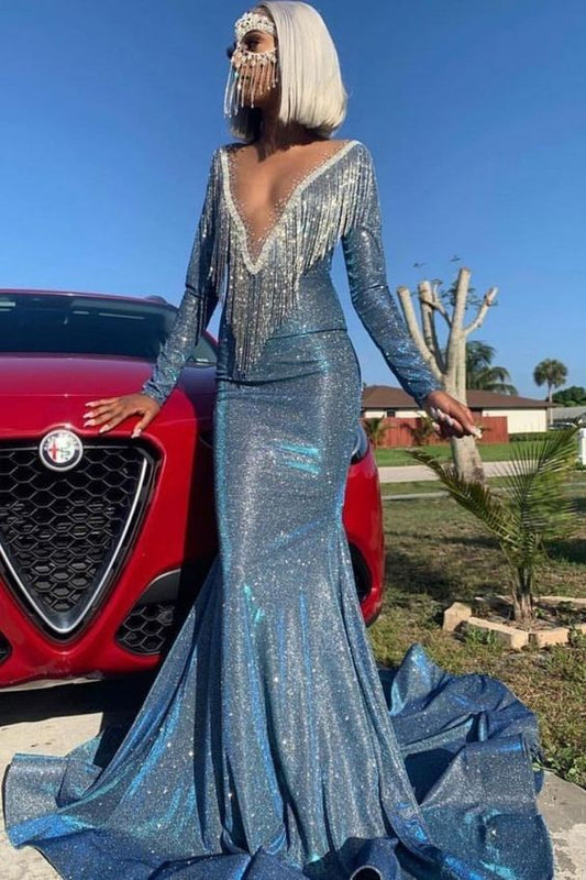 Mermaid Prom Dresses, Long Sleeve Prom Dresses, Sequined Prom Dresses, Blue Prom Dresses, Sexy Prom Dresses  cg7880