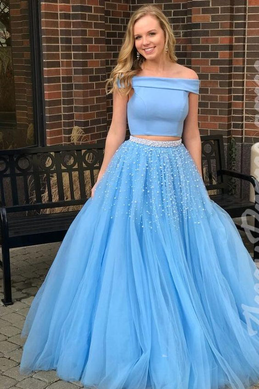 Two Piece Off-the-Shoulder Open Back Blue Prom Dress with Beading  cg795