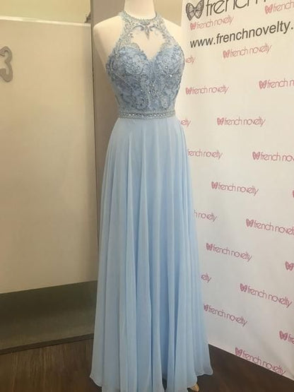 2019 A-Line Glamorous Chiffon Jewel Neckline Floor-length Prom Dresses With Beading cg796