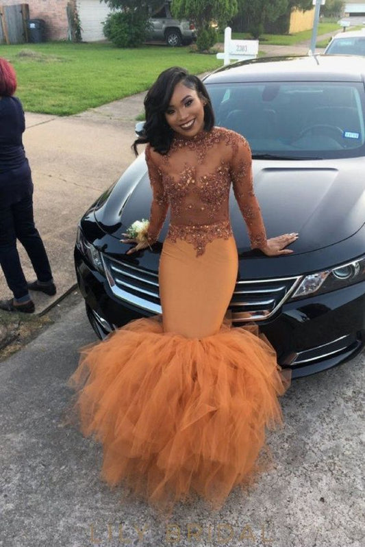 Tulle Long Sleeves High Neck Beads Appliques Dust Orange Mermaid Prom Dress  cg8043