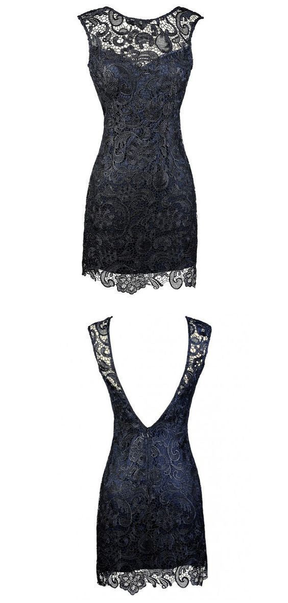 Sheath Bateau Backless Short homecoming Navy Blue Lace Mother of The Bride Dress cg819