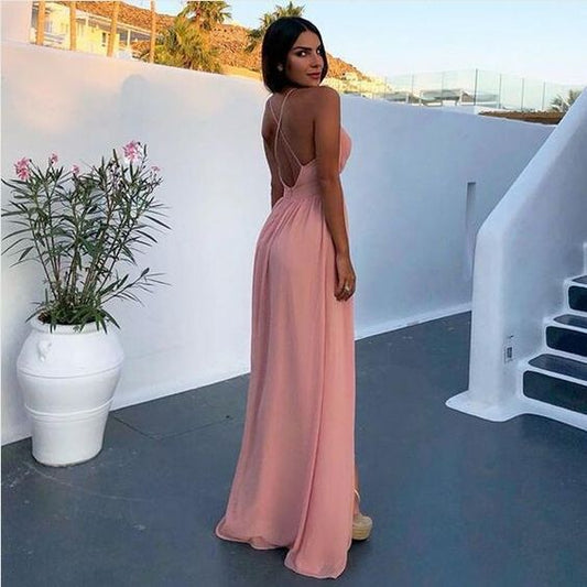 A-Line Deep V-Neck Backless Floor-Length Pink Chiffon Prom Dress with Split   cg8225