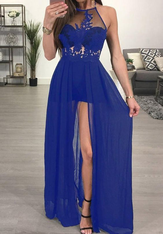 Royal Blue Embroidery Backless Halter Neck Chiffon prom dress cg8228