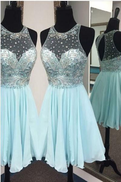 Cheap Light Blue Beaded Sleeveless Chiffon Homecoming Dresses  cg8294