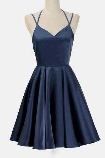 SIMPLE DARK BLUE SPAGHETTI STRAPS SHORT HOMECOMING DRESS PARTY GOWNS  cg8335